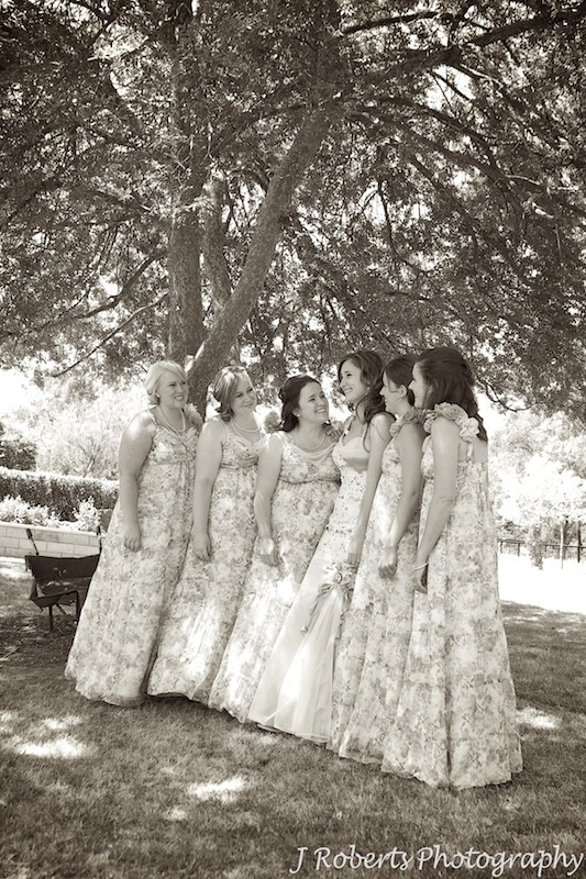 Sepia of bride with bridesmaids - wedding photography sydney